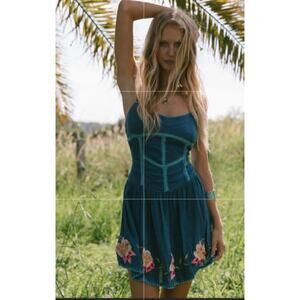 Chasing Unicorns Teal Floral Embroidered Dress Size M